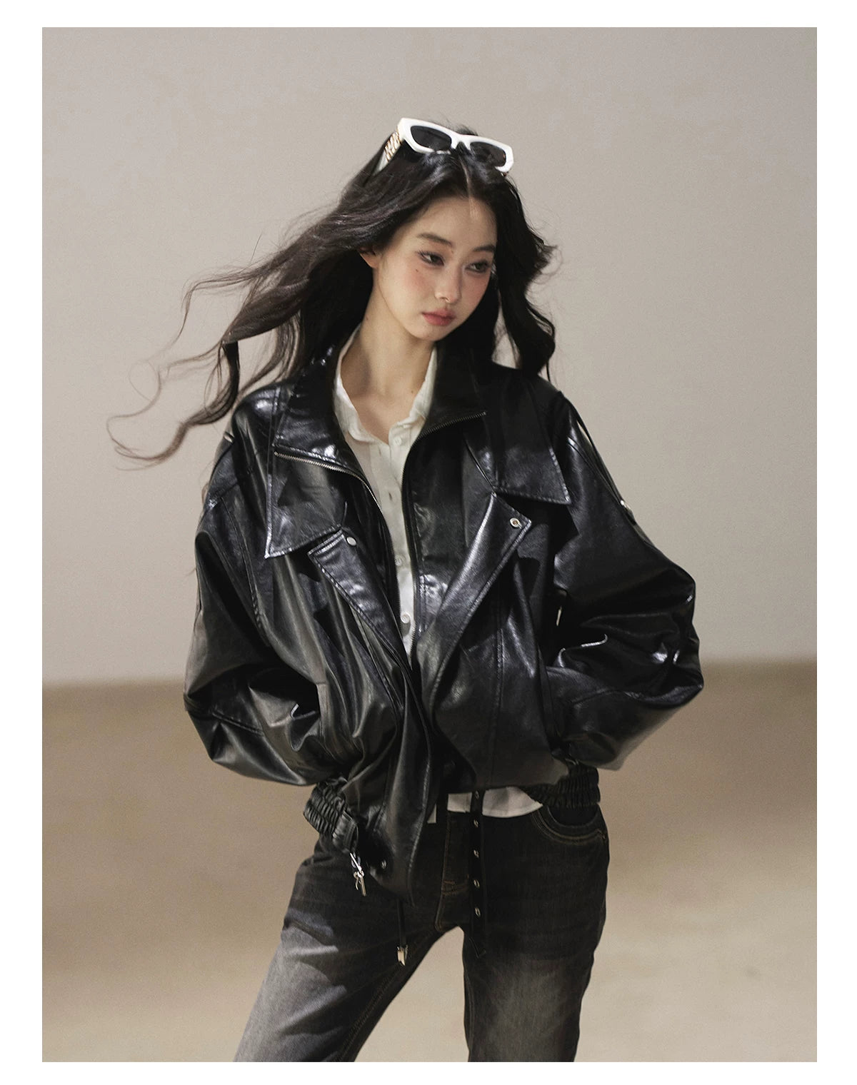 AOMALM - "Solo Journey" Quiet Black Oversized PU Moto Jacket