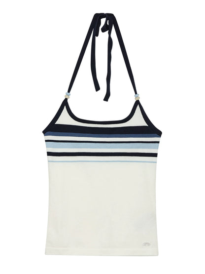 "Varsity Arrival" White Striped Beaded Halter Knit Tank