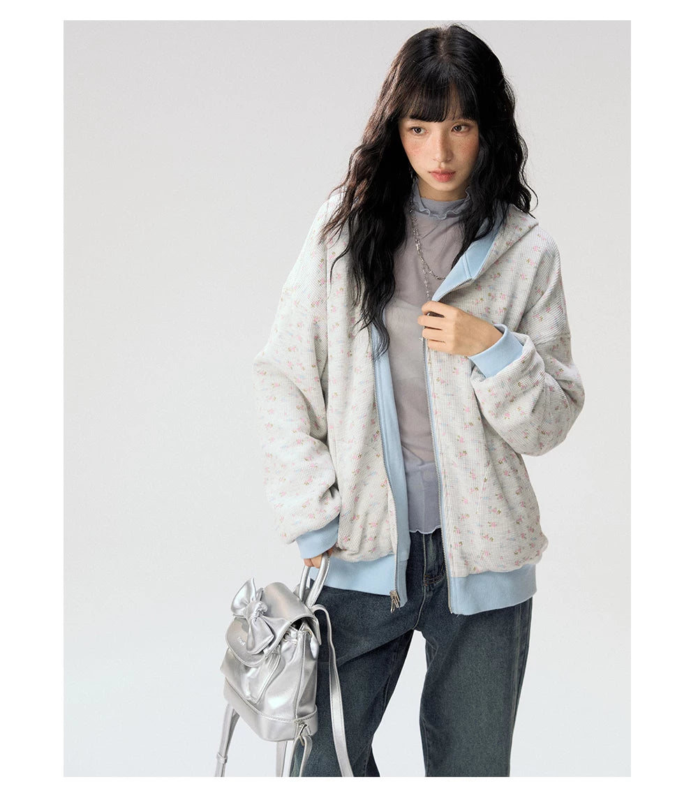 [CAN] "Misty Blue Floral Reverie" Light Blue Floral Set (Reversible Jacket / Sweatpants / Tiered Skirt)