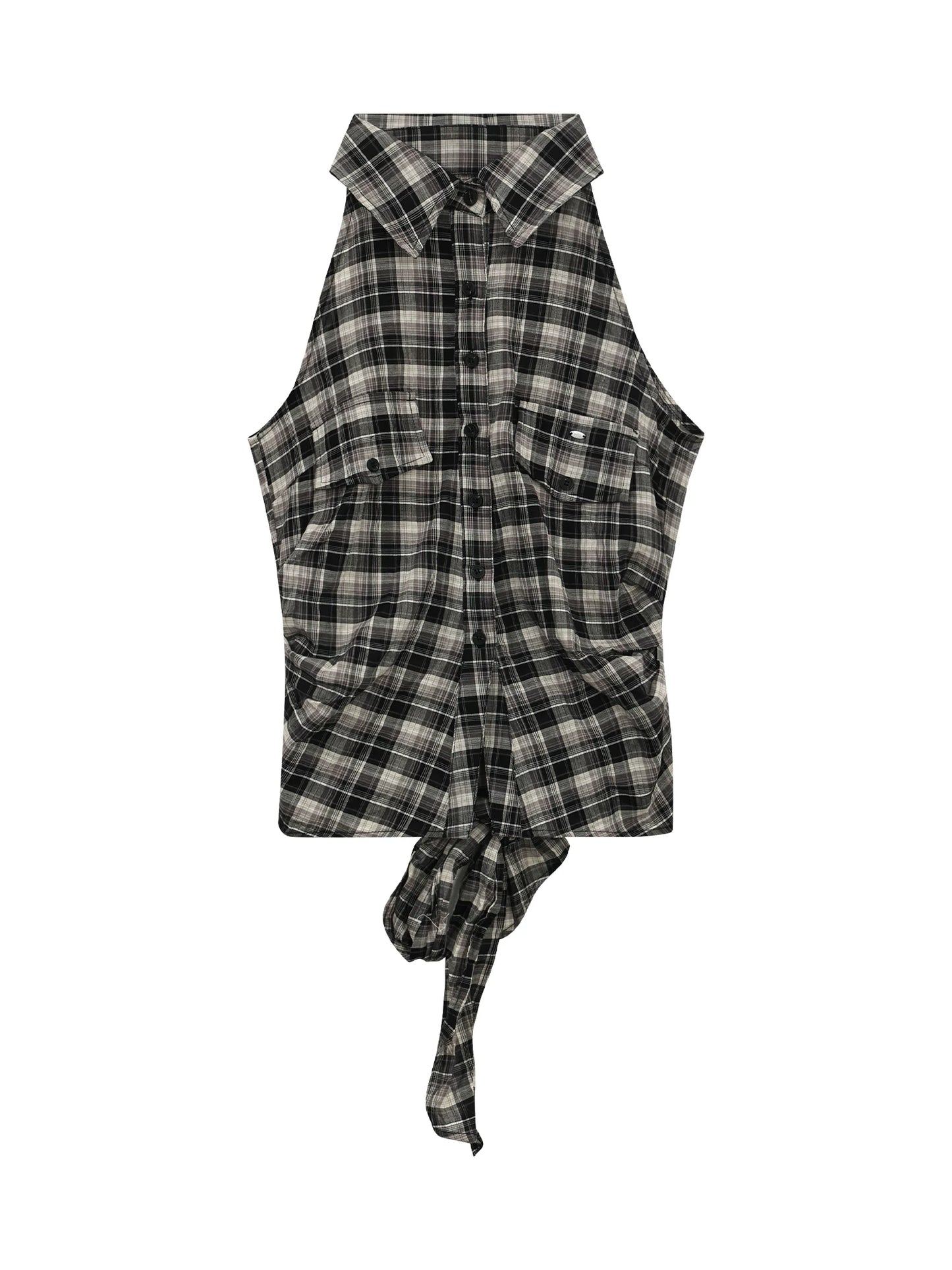 "Vintage Voyage" Gray Plaid Halter Sleeveless Shirt
