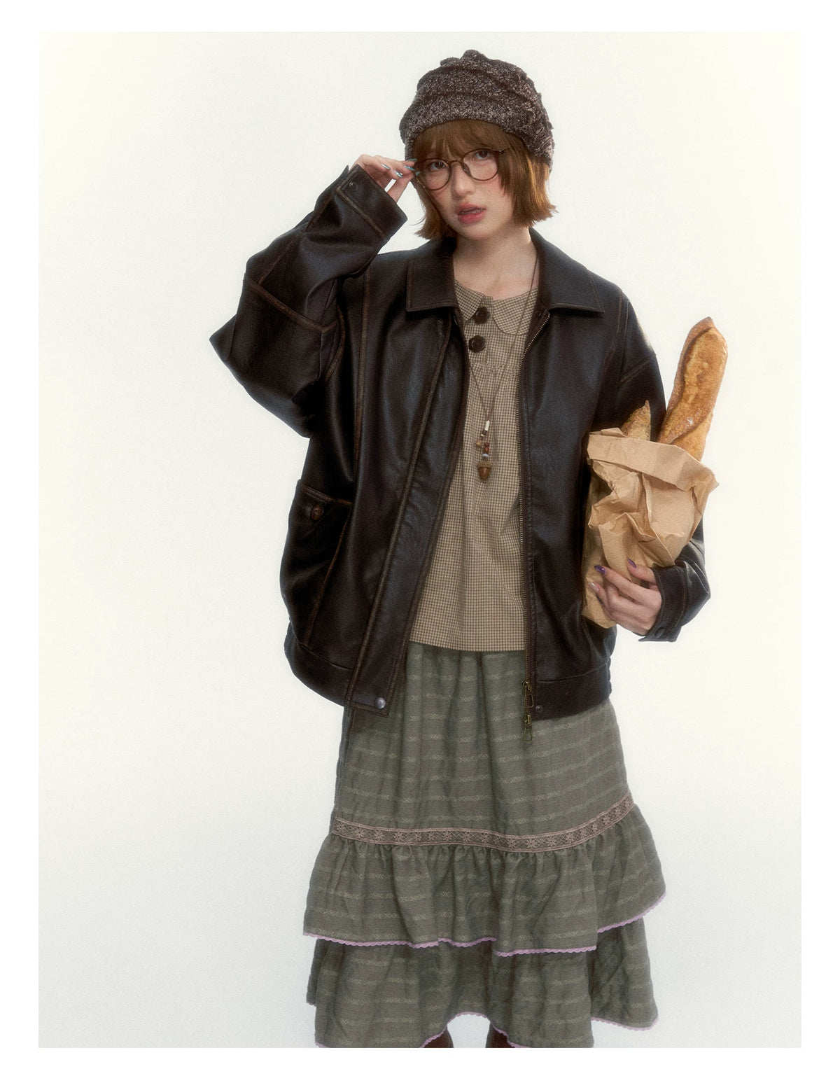 "The Vintage Darling" Light Coffee Plaid Cotton Peter Pan Collar Blouse