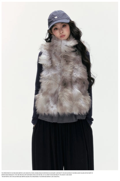 24olvides - Faux Fur Vest with Stand Collar and Toggle Closures (Creamy Leopard Print / Blue-Gray)