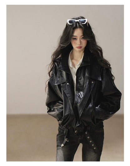 AOMALM - "Solo Journey" Quiet Black Oversized PU Moto Jacket