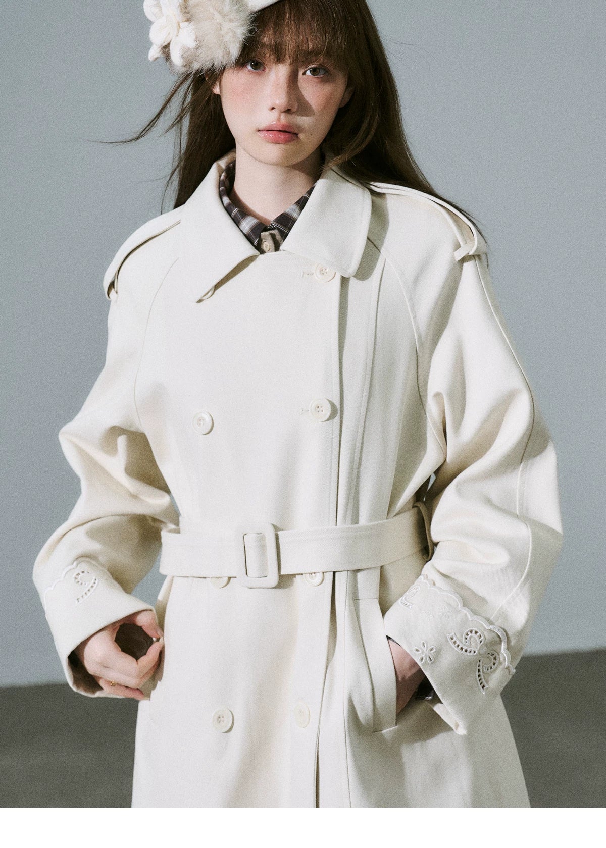 LOST FOREST - Almond Milk White Cutout Embroidered Trench Coat
