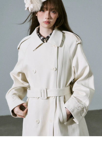 LOST FOREST - Almond Milk White Cutout Embroidered Trench Coat