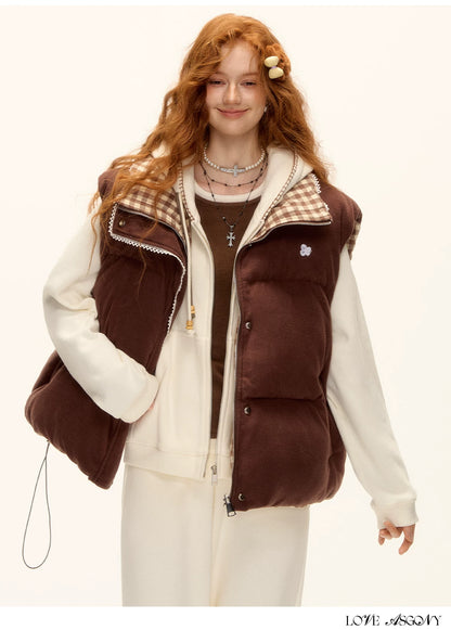 ASGONY - Reversible Plaid Lace-Trim Quilted Vest (Brown / Gray)