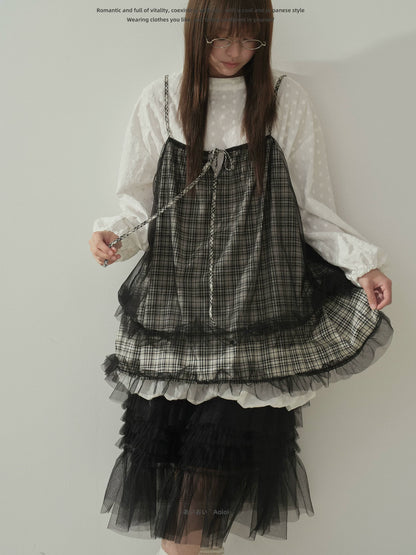 "Layered Breeze" Black & White Plaid Mesh Layering Cami Top