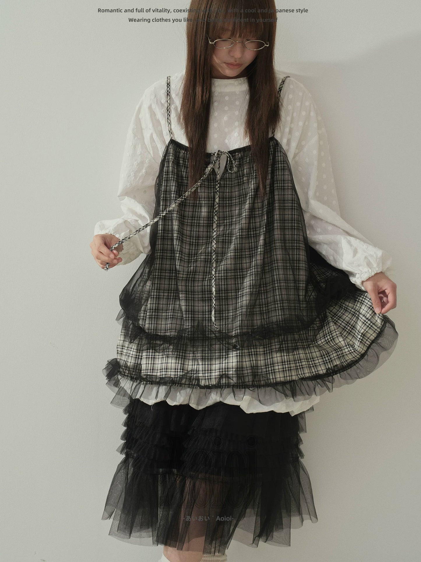 "Layered Breeze" Black & White Plaid Mesh Layering Cami Top