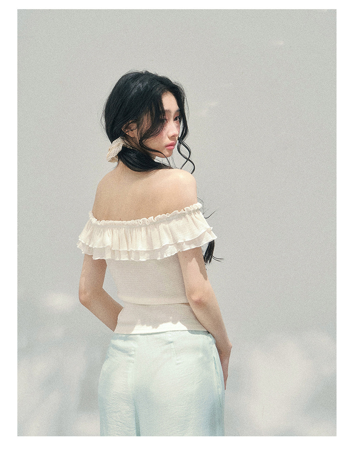 “White Pearlight” Ivory Off-Shoulder Ruffle Tee