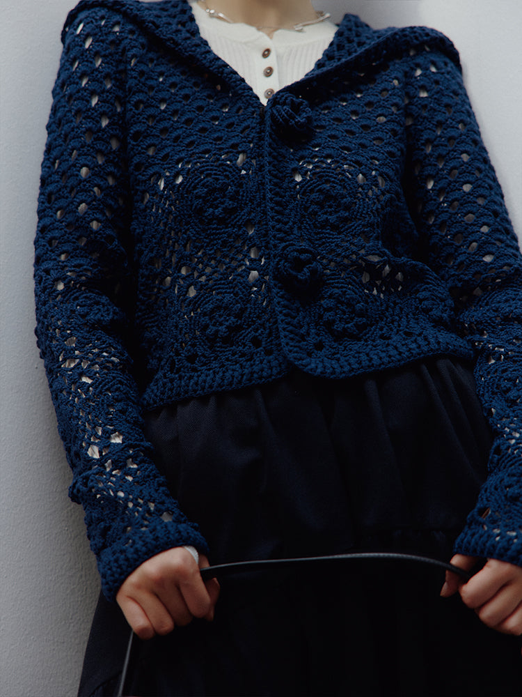 FUSSED Garden Midnight Garden Hand-Crocheted 3D Rose Knit Cardigan – Dusky Blue Cotton FOF-25SS176