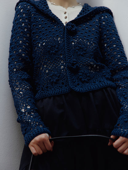 FUSSED Garden Midnight Garden Hand-Crocheted 3D Rose Knit Cardigan – Dusky Blue Cotton FOF-25SS176