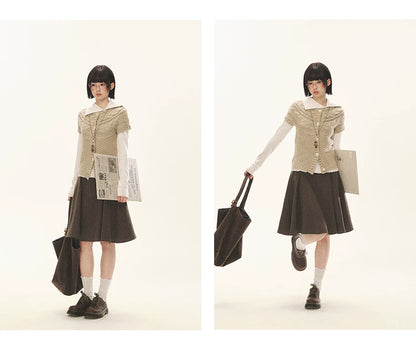 "Cotton Ruffle" Tea Apricot Asymmetric Knit Cardigan