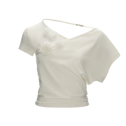 White Asymmetrical Flower Ruched Crop Top WE943
