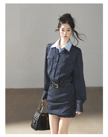 170726 "The Island and the Whale" Deep Slate Gray Layered Stripe Shirt Dress with Belt