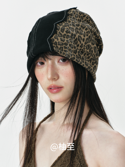 Leopard Patchwork Headscarf Beanie – Korean Style Slouchy Cap