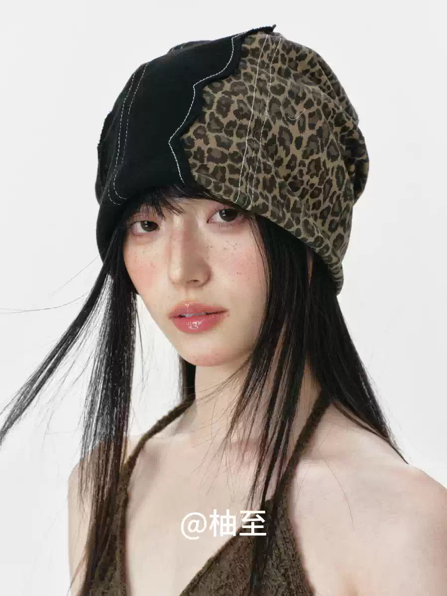 Leopard Patchwork Headscarf Beanie – Korean Style Slouchy Cap