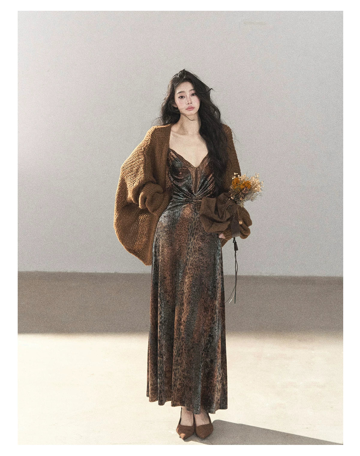 AOMALM - "Draped in Wild Wind" Cocoa Brown Leopard Flocked Bias-Cut Mermaid Maxi Dress (With Matching Hair Tie)