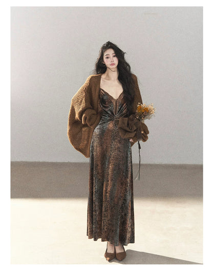 AOMALM - "Draped in Wild Wind" Cocoa Brown Leopard Flocked Bias-Cut Mermaid Maxi Dress (With Matching Hair Tie)