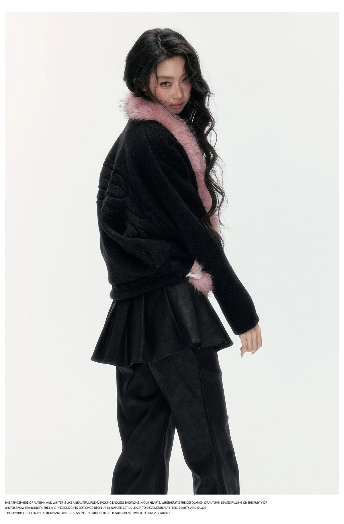 24olvides - Black Pink Cable Knit Cardigan with Detachable Faux Fur Collar