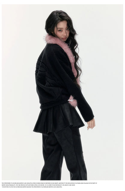 24olvides - Black Pink Cable Knit Cardigan with Detachable Faux Fur Collar