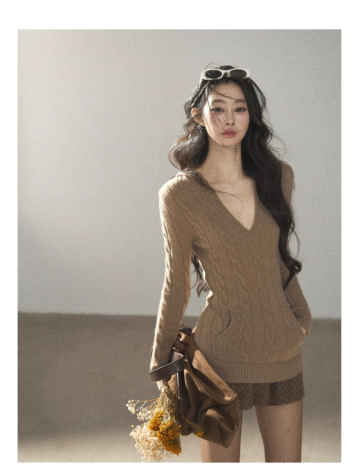 AOMALM - Oatmeal Hooded Deep V-Neck Cable Knit Top