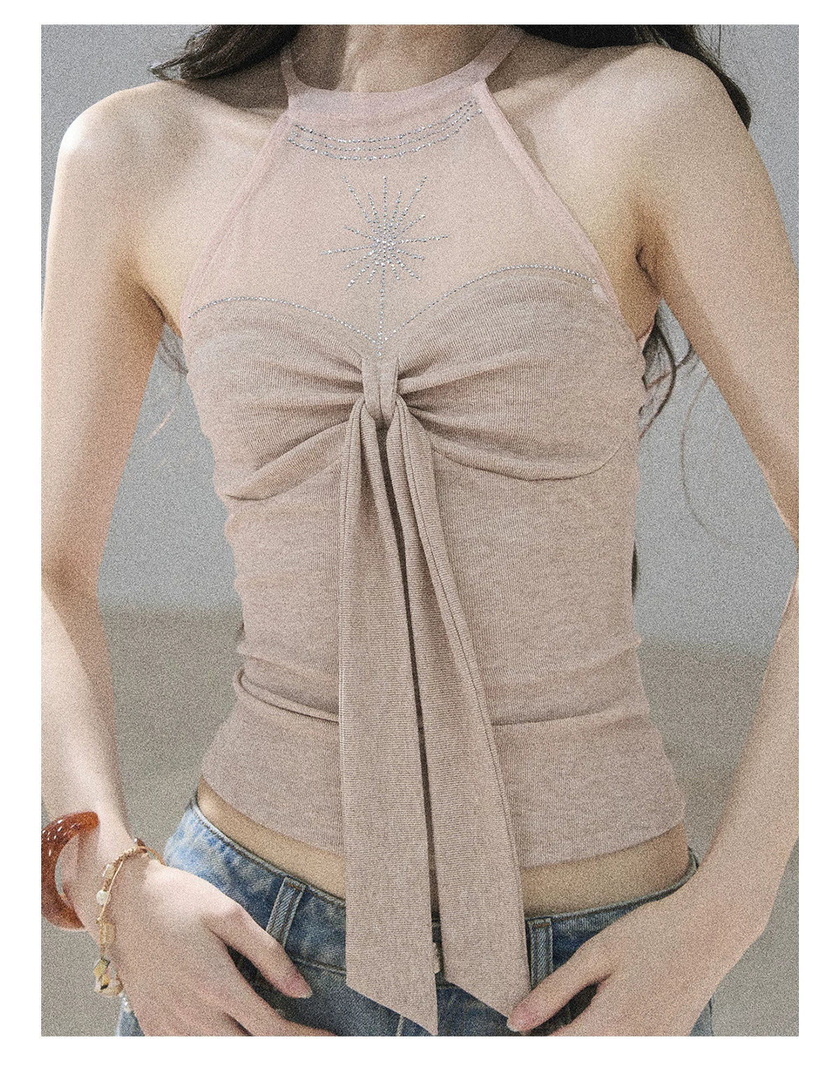 "Galaxy in Your Eyes" Milk Tea Halter Mesh Knit Top