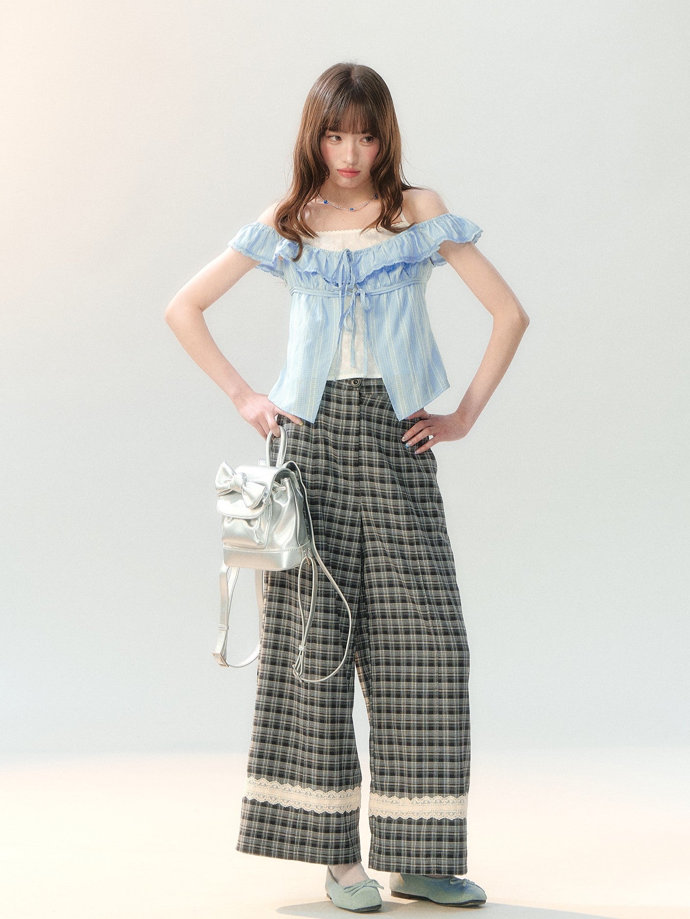 "Gray Cloud Flurry" Plaid Lace Hem Wide-Leg Pants SH2026205