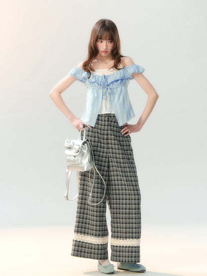"Gray Cloud Flurry" Plaid Lace Hem Wide-Leg Pants SH2026205