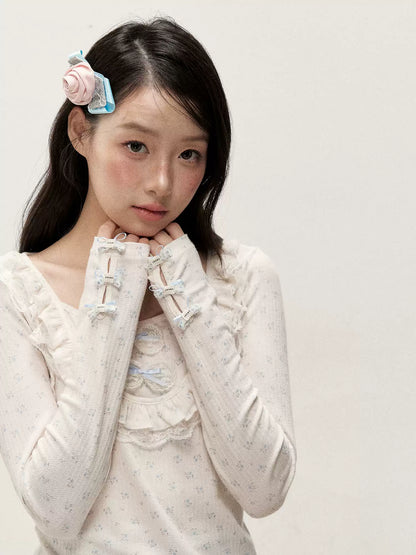 [RF] Cream Floral Peter Pan Collar Long-Sleeve Fitted Layering Top with Lace Details