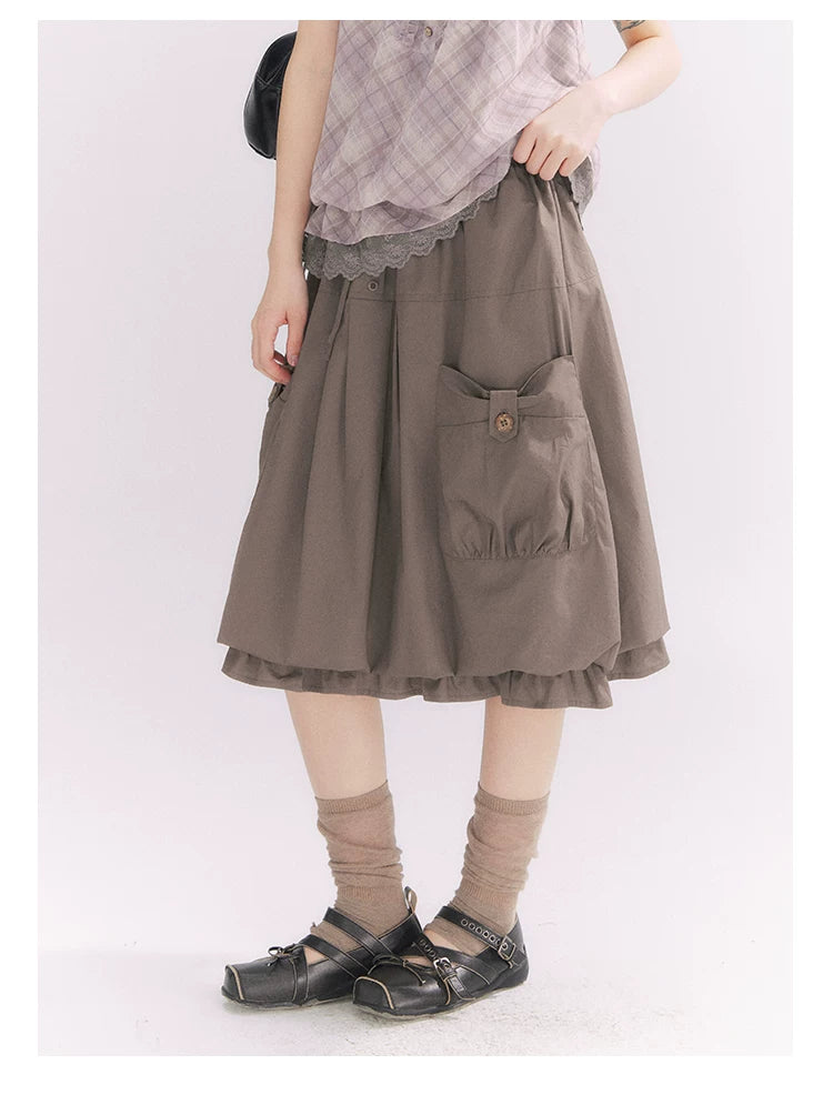 “Sweet & Cool Girl” Taupe Bow Drawstring High-Waist A-Line Cargo Skirt