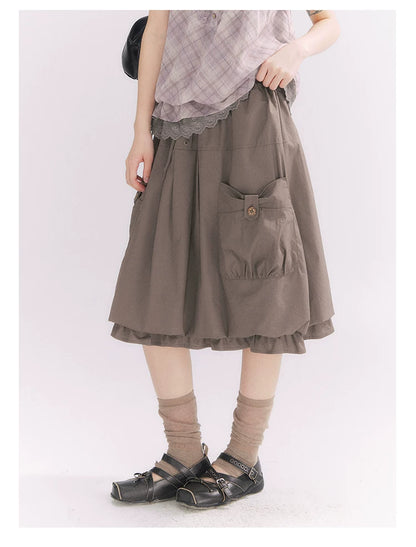 “Sweet & Cool Girl” Taupe Bow Drawstring High-Waist A-Line Cargo Skirt