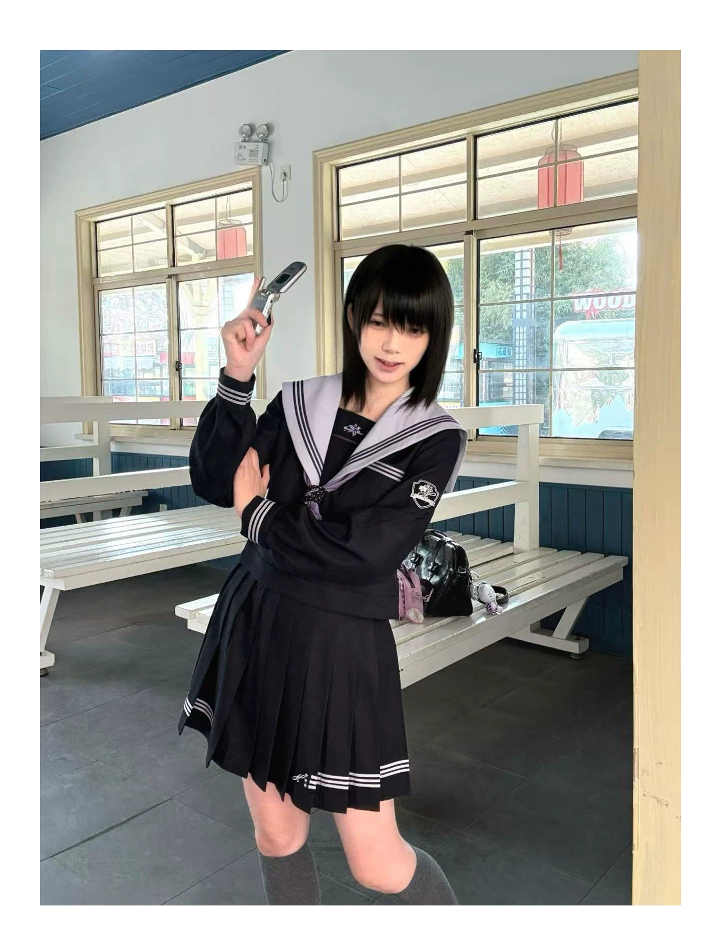 "Snow-Cleared Lily" Gray-Lilac JK Long-Sleeve Sailor Uniform Set