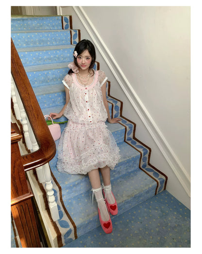 “Strawberry Boba Daydream” Pink Polka Dot Bubble Skirt Set