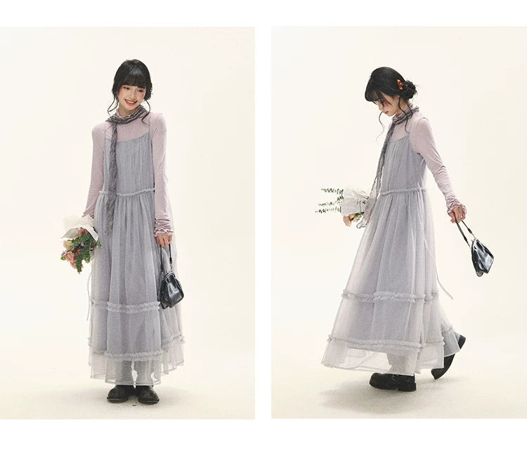 "Morning Veil" Morning Mist Purple Tiered Mesh Slip Midi Dress