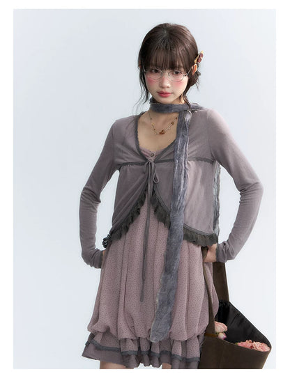 "Misty Lavender Reverie" Vintage Floral Lace Trim Midi Slip Dress
