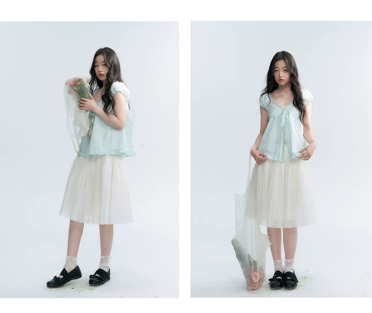 "Mint Morning Glow" Mint Green Lace Tie-Front Cardigan Blouse
