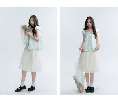 "Light Steps" Oat Apricot Pleated Lace Midi Skirt