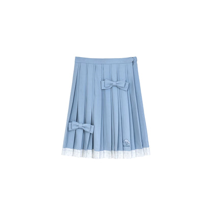 Sleeveless Polka Dot Sailor Collar Shirt & Light Blue Contrast-Trim Skirt