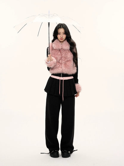 JN's DESIGN - Black & Pink Color-Block Faux Fur Jacket