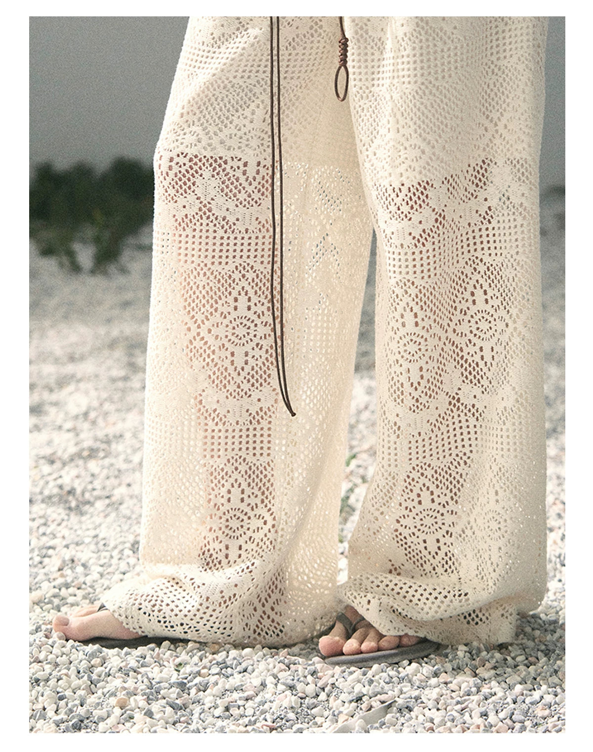 “Wandering Here” Milk Apricot Openwork Wide-Leg Pants