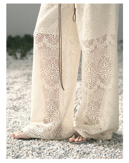 “Wandering Here” Milk Apricot Openwork Wide-Leg Pants