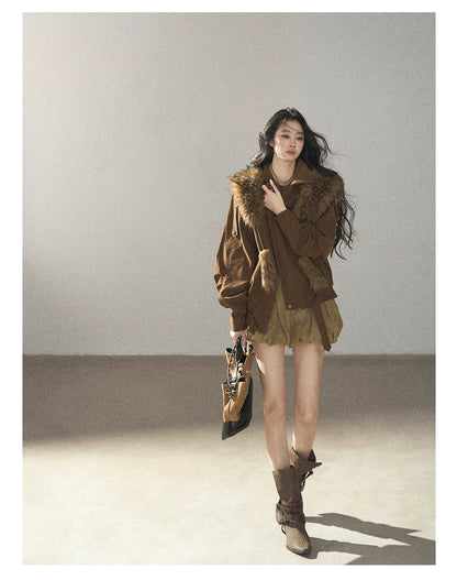 AOMALM - "The Veins of Leaves" Oatmeal French Faux Suede Top & Shorts Set