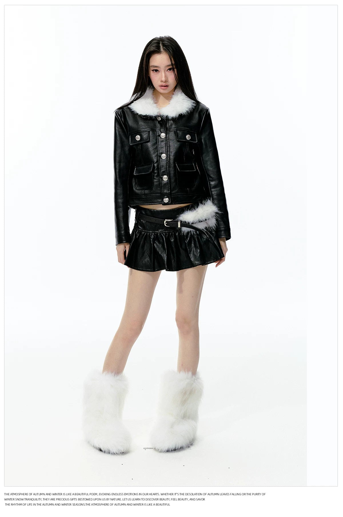 JN's DESIGN - Black Faux Leather Jacket & A-Line Skirt Set with Detachable Faux Fur