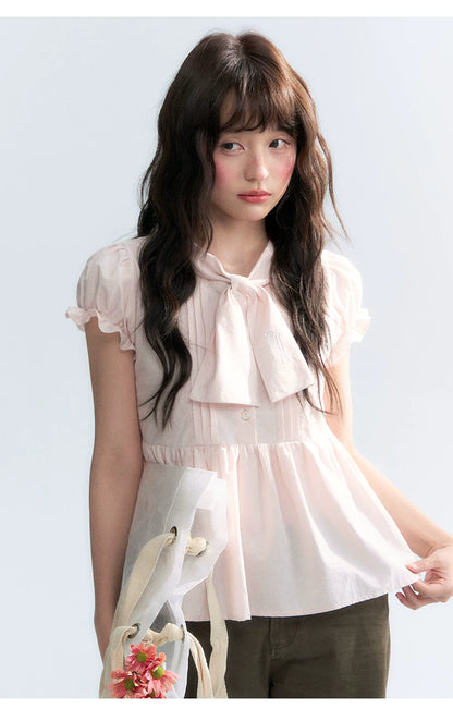 "Rosy Whisper" Dusty Pink Bow Embroidered Puff Sleeve Blouse