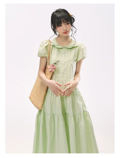 "Mint Forest" Mint Green Double Collar Tiered A-Line Midi Dress