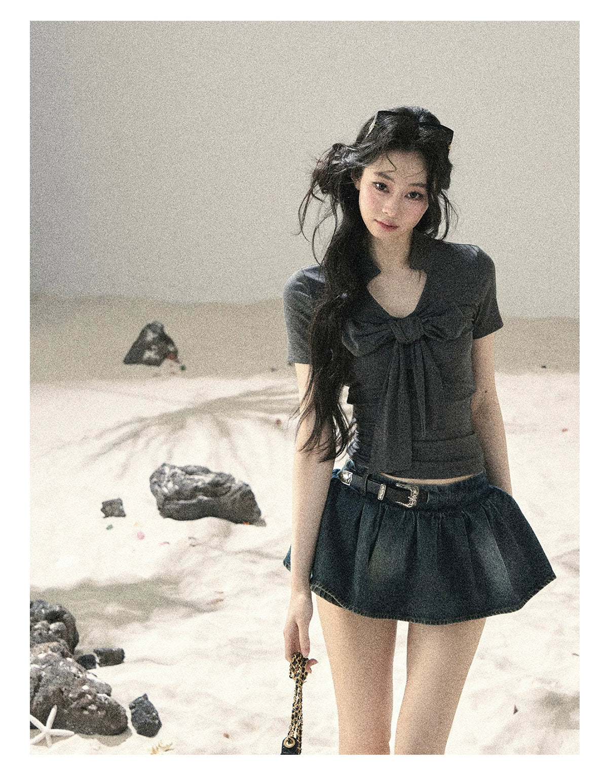 "Breeze Through the Bow" Slate Gray V-Neck Crop Top