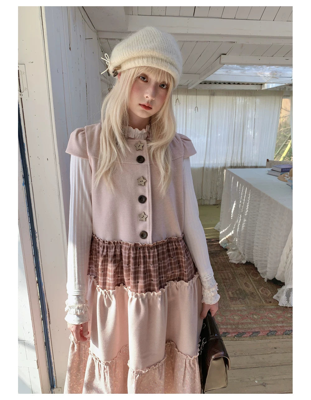 RF - Dusty Pink Patchwork Sleeveless A-Line Dress with Star Buttons