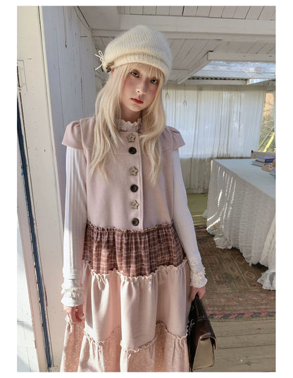 RF - Dusty Pink Patchwork Sleeveless A-Line Dress with Star Buttons