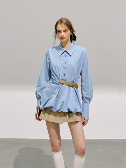 BOHOL BLING - Preppy Sweetheart Contrast Buckle Puff Sleeve Blouse