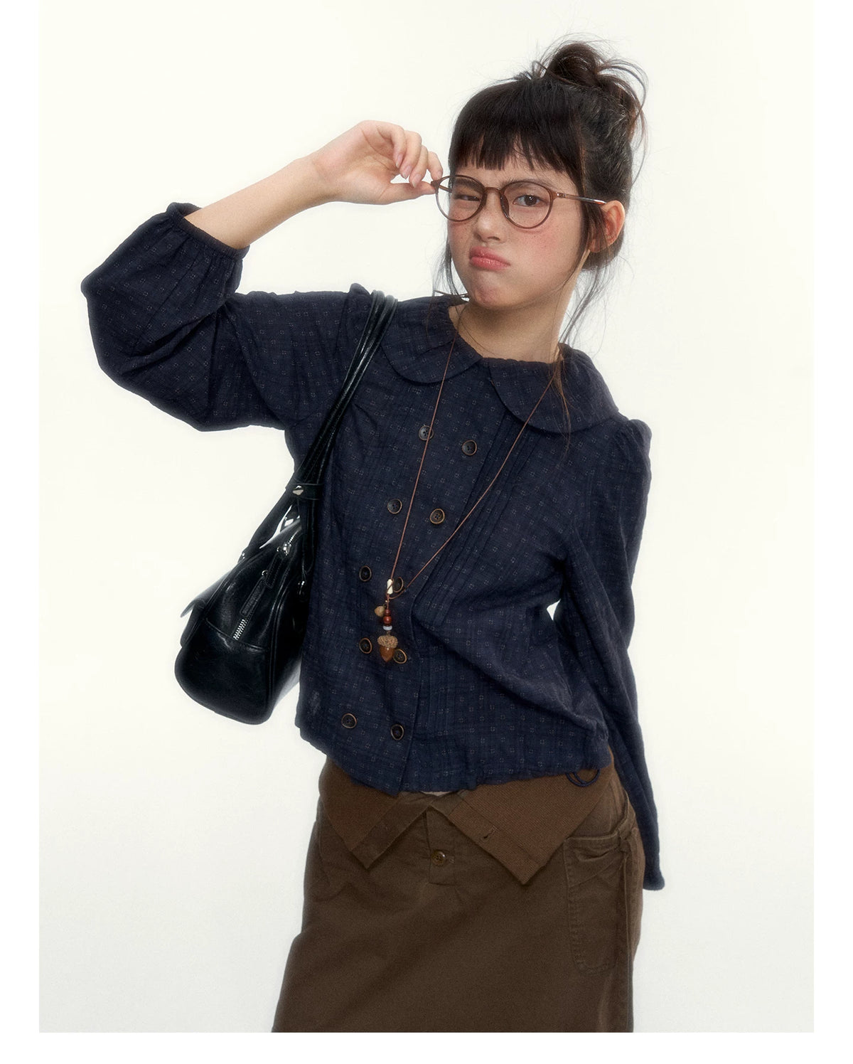 “Academy Melody” Navy Plaid & Dusty Purple Peter Pan Collar Cotton Shirt (Navy Plaid / Dusty Purple)